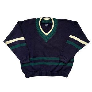 Vintage Gap Men's Heavy Knit Vneck Tennis Sweater Navy Green White Size XL